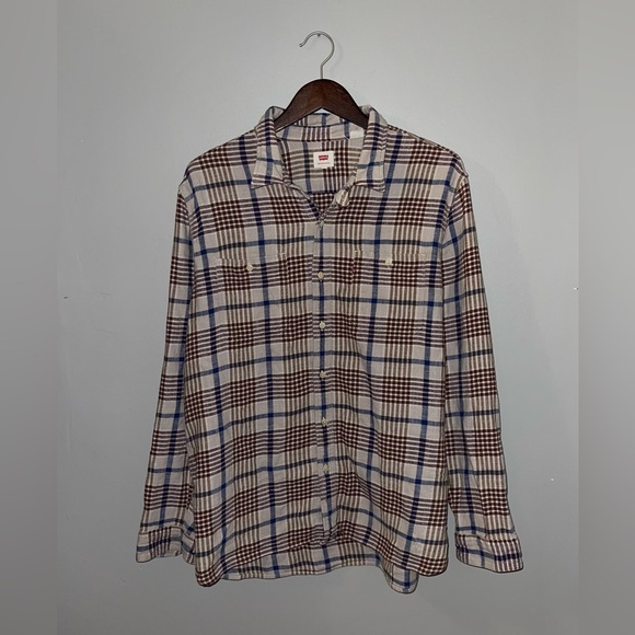Levi’s Flannel Men’s Size XXL Beige Brown Navy Plaid Cotton‎ Shirt Button-Up - Picture 2 of 9